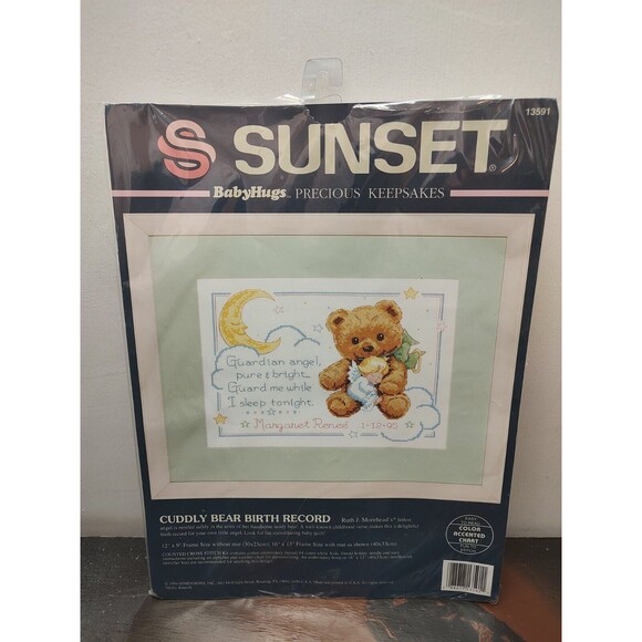 Dimensions Sunset Counted Cross Stitch Kit Cuddly Bear Birth Record  13591 Vtg - Picture 2 of 10